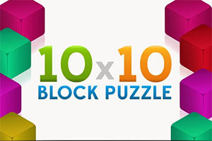 Šarene trodimenzionalne kocke oko natpisa „10x10 BLOCK PUZZLE na beloj pozadini