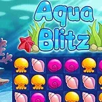 Reklamna grafika za igru Aqua Blitz sa šarenim podvodnim elementima i logo igre