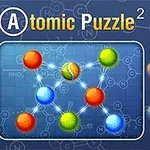 Ekran igre Atomic Puzzle 2 sa šarenim atomima i molekulama na plavoj pozadini sa hemijskim simbolima