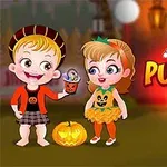 Dvoje dece u kostimima spremaju se za zabavu sa bundevama na temu Baby Hazel Pumpkin Party