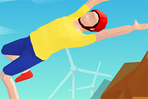 Stilizovani čovek u žutoj majici i plavom šortsu skače kroz vazduh pored vetroturbina na plavom nebu