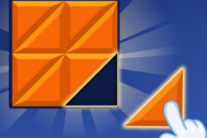 Narandžasti kvadrat sa isečenim trouglom i rukom koja drži narandžasti trougao na plavoj pozadini