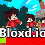 Igrači u Minecraft stilu u crvenim majicama, okruženi šarenim blokovima i živopisnom prirodom u pozadini, sa logo-om Bloxd