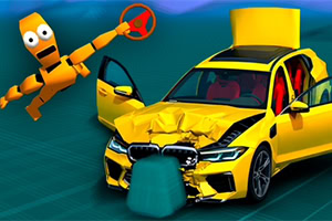 Žuti oštećeni automobil sa otvorenim vratima i robotom koji drži volan pored njega