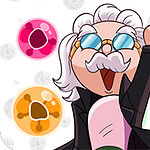 Brain Master Game for Genius Čovek sa belim brkovima i naočarima, obučen u crno odelo, pokazuje prstom prema gore okružen raznobojnim kuglama