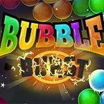 Šarene baloni i logo igre Bubble Burst sa svetlucavim efektom na tamnoj pozadini