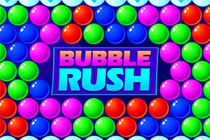 Šarene sjajne kuglice okružuju plavi pravougaoni natpis „BUBBLE RUSH na tamnoj pozadini