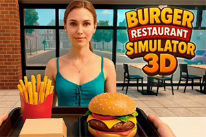 Konobarica u restoranu sa hamburgerom i pomfritom u prvom planu, uz veliki natpis „Burger Restaurant Simulator 3D