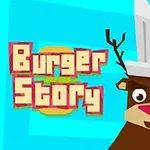 Crtež jelena kuvara sa belom kapom i logotipom Burger Story na plavoj pozadini