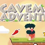 Naslovna strana video igre Caveman Adventure s crtanim pećinskim čovekom, zvezdom, čili papričicom i bočicom na nebu