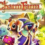 Šareni naslovni logo igre Charm Farm sa simpatičnim fantazijskim stvorenjima i šarenom, bajkovitom pozadinom