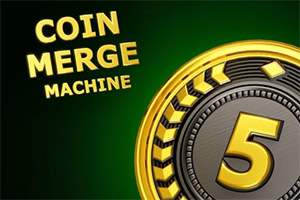 Zlatni novčić sa brojem 5 na zelenoj pozadini i natpisom „COIN MERGE MACHINE