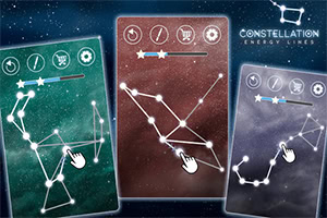 Ilustracija saobražaja zvezda u obliku sazvežđa na tri različite boje pozadina sa simbolima i tekstom Constellation Energy Series