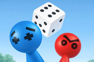 Plava i crvena figura sa simbolima na glavama gledaju belu kockicu za bacanje u vazduhu na plavoj pozadini