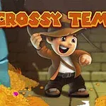 Crtani junak sa šeširom u hramu punom blaga, logo igre Crossy Temple iznad