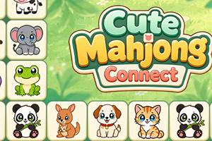 Zeleni ekran sa logotipom „Cute Mahjongs Connect okružen pločicama sa slatkim životinjama poput koale, žabe, pande, veverice, psa i mačke