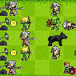 Defenders of the Realm: An Epic War! Pikselizovane sprite figure različitih karaktera i životinja u borbenim pozama na zelenoj pozadini