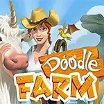 Devojka u kaubojkom šeširu sa jednorogom i dinosaur na naslovnoj strani igre Doodle Farm