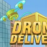 Dron za dostavu koji leti između zgrada sa paketom, ilustracija sa natpisom Drone Delivery