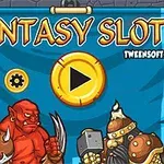 Promotivna grafika za igru Fantasy Slots sa crvenim demonom i vitezom u oklopu u stilu crtanih filmova