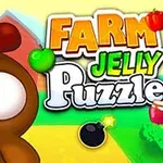 Ilustracija igre Farm Jelly Puzzle sa crtanim pilićem, jabukama i bombom