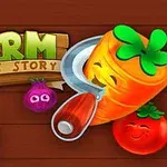 Ilustracija za video igru sa crtanim povrćem i logom Farm Puzzle Story