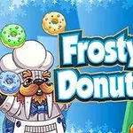 Ilustracija igre Frosty Donuts sa crtanim šefom kuhinje i šarenim krofnama