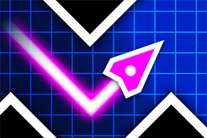 Retro futuristički dizajn sa svetlucavim roze strelicom na plavoj mrežastoj pozadini