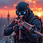 Na slici je vojnik u taktičkoj opremi sa puškom, stoji na krovu grada u sumrak sa osvetljenim gradskim kulama u pozadini