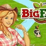 Banner za igricu Big Farm sa nasmejanom ženom u šeširu i kravama na pašnjaku