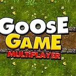 Logo video igre Goose Game Multiplayer na travnatoj pozadini sa kamenim ogradama