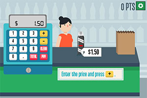 Kasirka stoji iza kase sa flašom i papirnom kesom na pultu