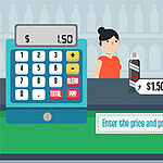 Kasirka stoji iza kase sa flašom i papirnom kesom na pultu