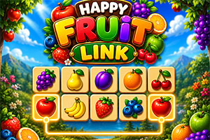 Šarena tabla sa voćnim ikonama, natpisom „Happy Fruit Link i pozadinom voćnjaka sa grožđem, jagodama i trešnjama