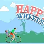 Dizajn naslova video igre Happy Wheels sa dvojicom na biciklu u prirodnom okruženju
