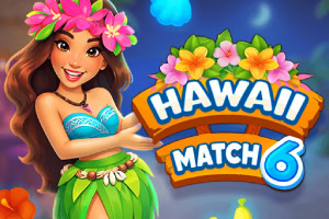 Nasmejana devojka u havajskoj odeći sa cvetnim vencem pored šarenog natpisa „HAWAII MATCH 6