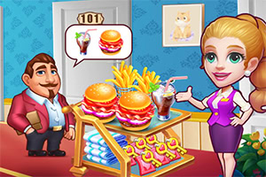 Šarena ilustracija nasmejanih likova u restoranu brze hrane sa hamburgerima, pomfritom i pićem na pultu