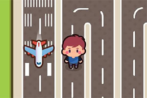 Crtež sa dva traka puta sa avionom i čovekom u crtanim stilovima