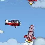 Crveni avion i lik iz video igara u obliku rakete koji lete među oblacima na plavom nebu