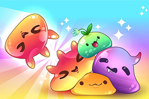 Šareni crtani sluzavi oblici sa veselim licima i sjajem na šarenoj pozadini