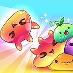 Šareni crtani sluzavi oblici sa veselim licima i sjajem na šarenoj pozadini