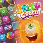 Šareni naslov Jelly Crush s raznobojnim žele bombonama i smiješnim likom narančaste boje