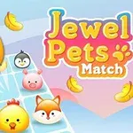 Promotivna slika za igru Jewel Pets Match sa crtanim životinjama i voćem na svetloplavoj pozadini