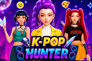 Tri stilizovane K-pop devojke na neonskoj ljubičastoj pozadini sa zvučnicima, disko kuglom i natpisom „K-POP HUNTER
