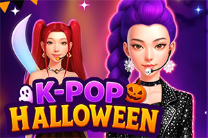 Dve stilizovane K-pop devojke u Halloween temi sa ljubičastom pozadinom, bundevom, duhom i natpisom „K-POP HALLOWEEN