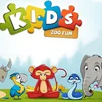 Deca igraju sa životinjama u zoološkom vrtu, crtani stil, logo Kids Zoo Fun