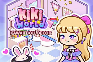 Slatka anime devojčica sa plavim očima u pastelnoj sobi za dekorisanje lutaka, sa zečićem i natpisom „KiKi World