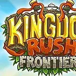 Logo igre Kingdom Rush Frontiers sa stilizovanim slovima i srednjovekovnim ornamentima na plavom nebu u pozadini