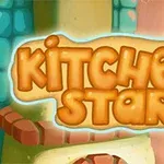 Logo igre Kitchen Star sa stilizovanim slovima na pozadini kuhinje