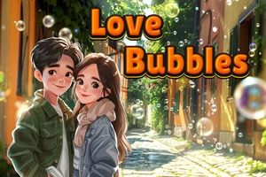 Mladi par stoji zagrljen u sunčanoj ulici punoj lebdećih sapunica, uz natpis „Love Bubbles